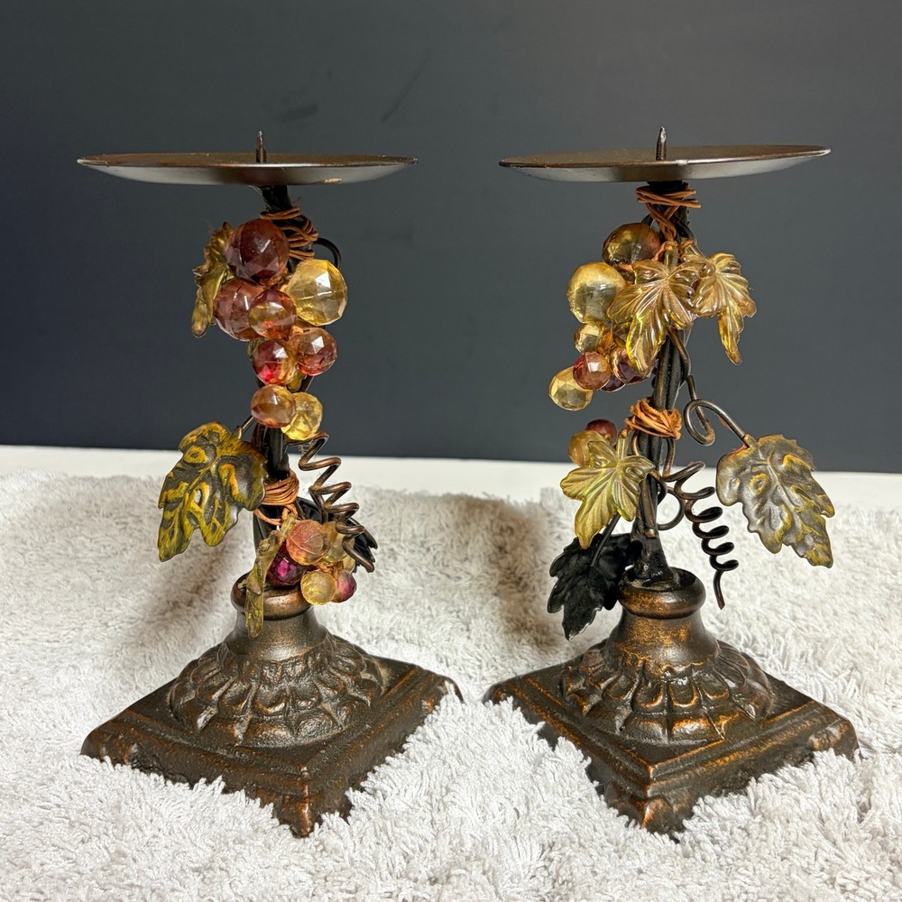 Vtg Tuscan Style Metal Grapevine Pillar‎ Candle Holders Set of 2 Bronze Finish